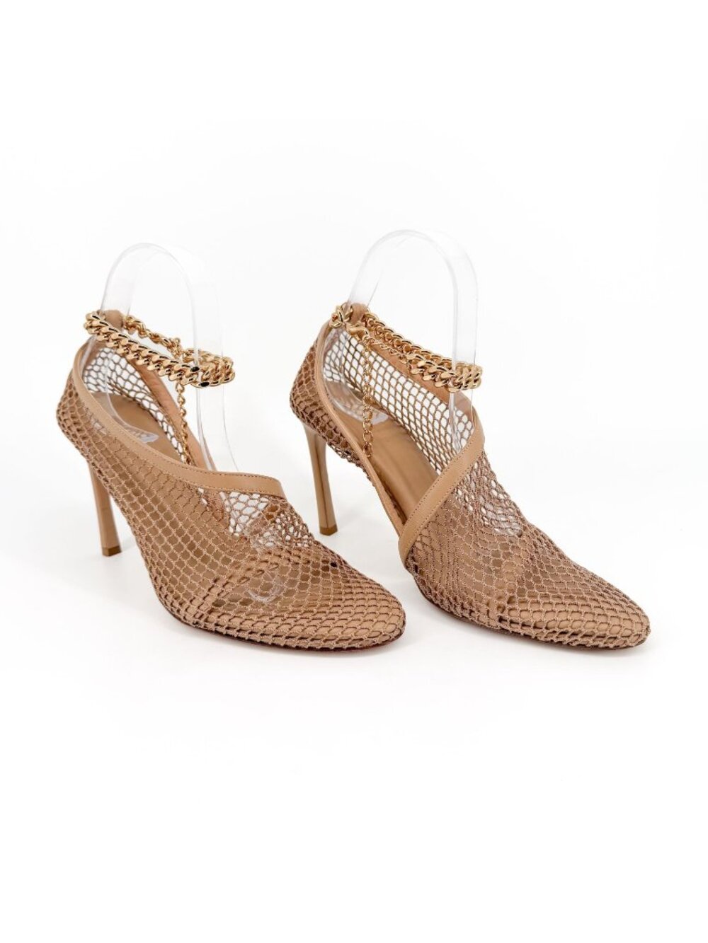 Bottega Veneta Trim Mesh Chain Fishnet Heel Sandals Beige Leather Size 39 US 9